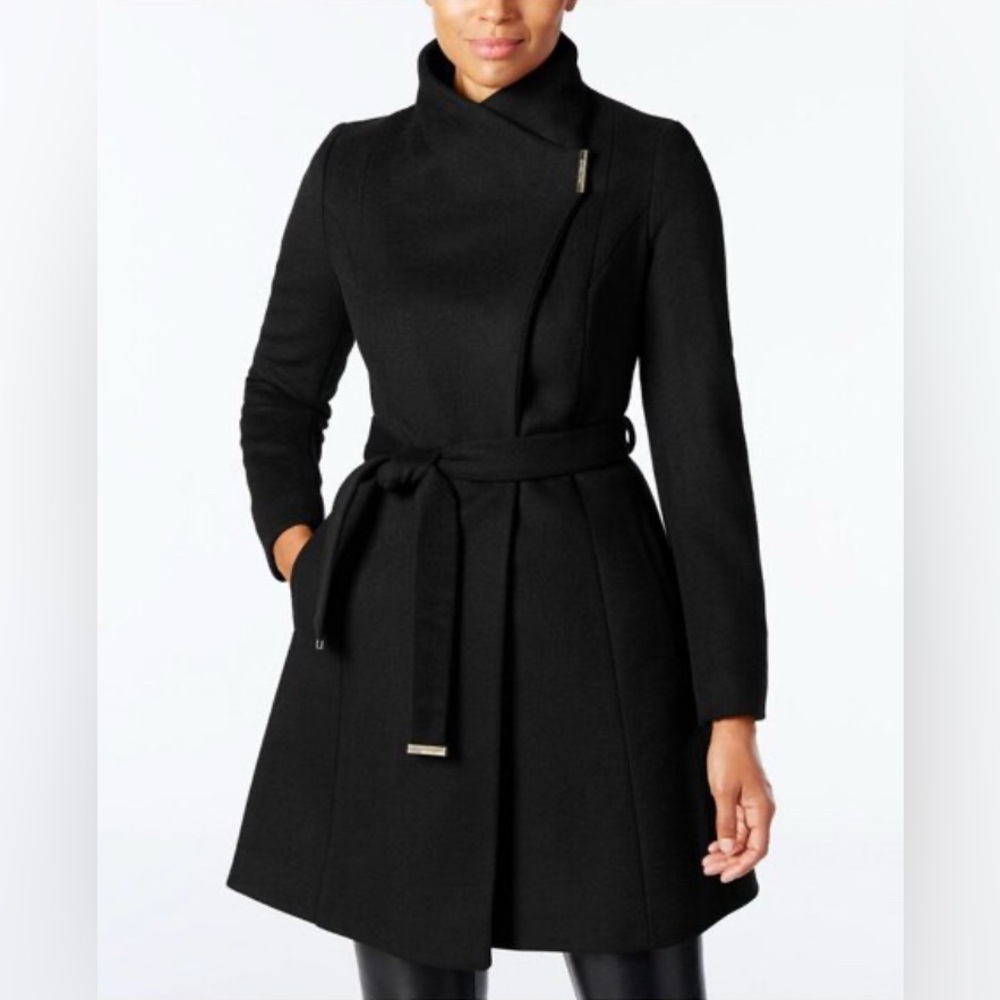 Michael Kors Asymmetrical Belted Wool Blend Walker Black Coat Size Medium